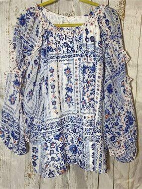 Cato Blue and White Floral Peasant Tunic with Orange Accents